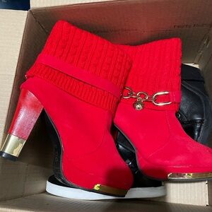 Red Ankle Boots with Gold Accents